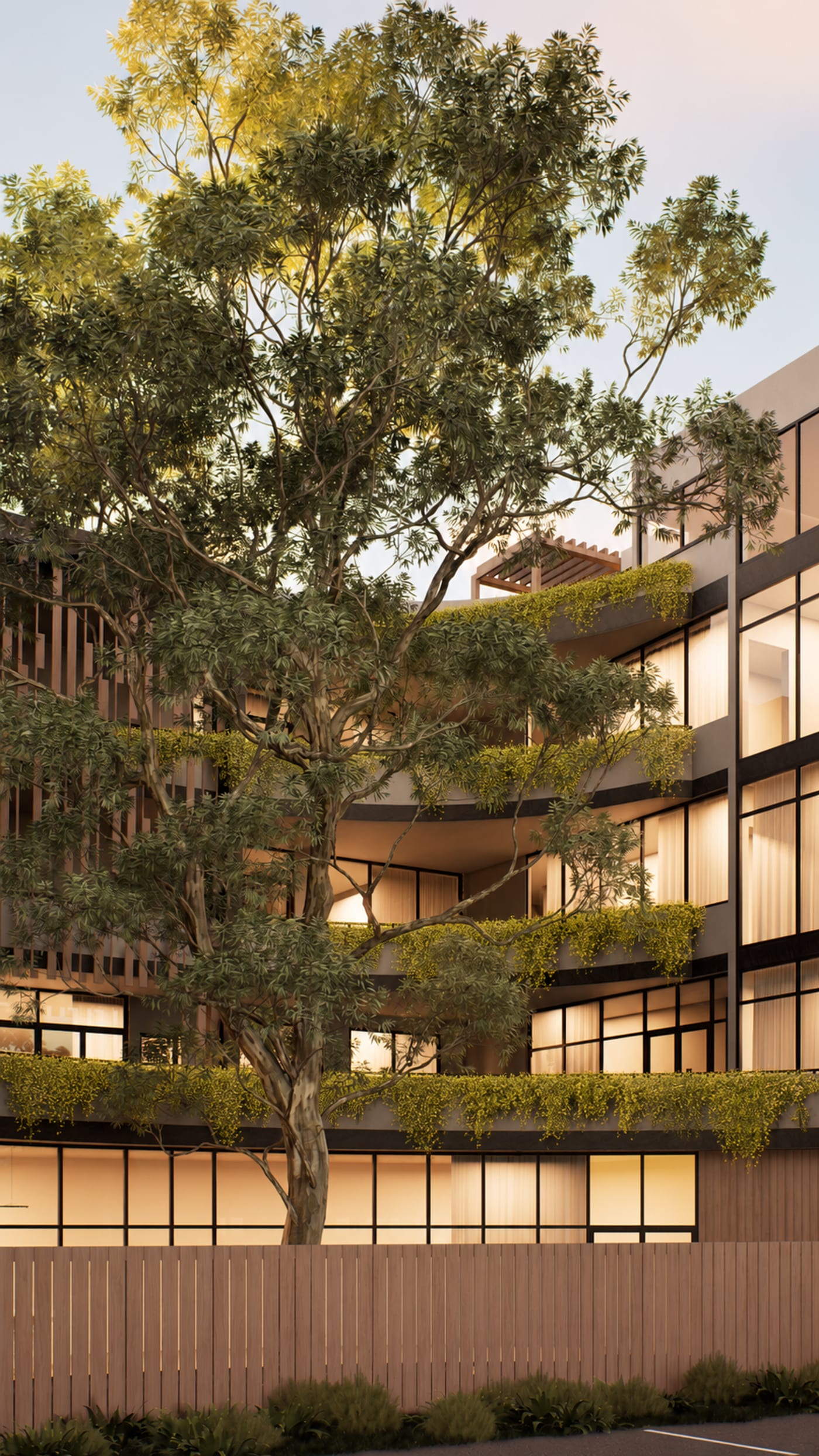 Green cascading balconies at the courtyard